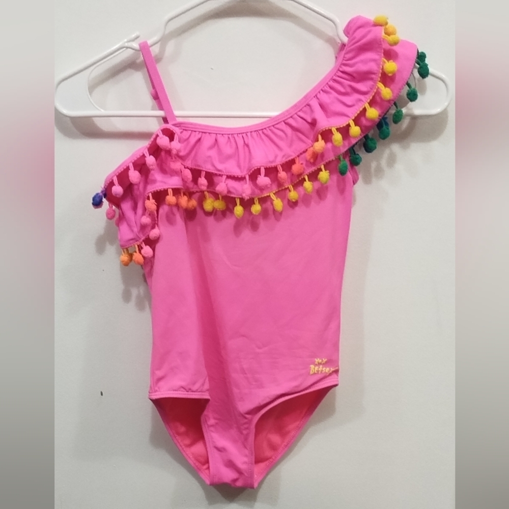 Betsey Johnson Girls Pink One-Shoulder Pom Pom Swimsuit